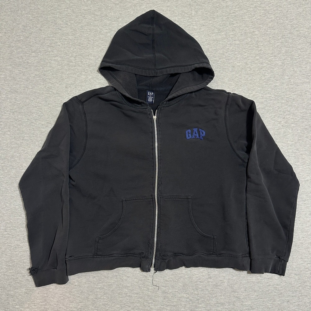 Y2K Gap Arch Logo Embroidered Full Zip Distressed Hoodie Faded Black Womens XL